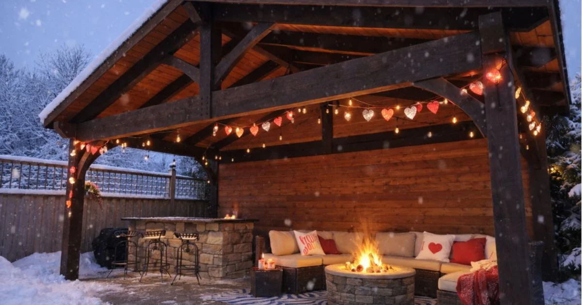 Snowy backyard pavilion with string lights and cozy seating area