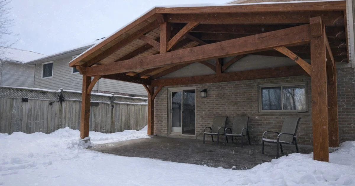 Covered backyard pavilion providing winter protection for outdoor space