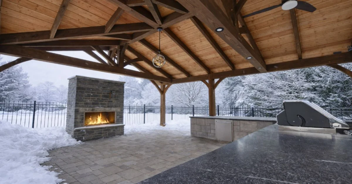 Winter outdoor living pavilion with fireplace and built-in grill