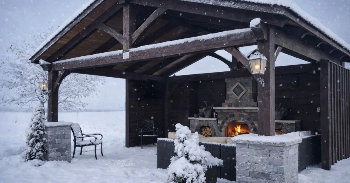Snow-covered timber pavilion with outdoor fireplace