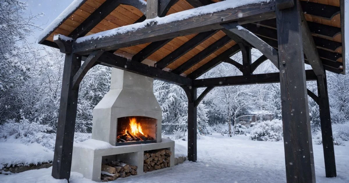 Outdoor wood-burning fireplace under timber structure in winter