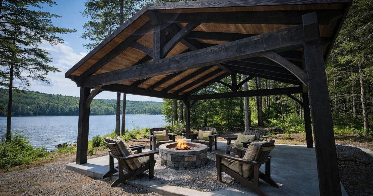 Open timber pavilion with fire pit seating overlooking a lakeside view