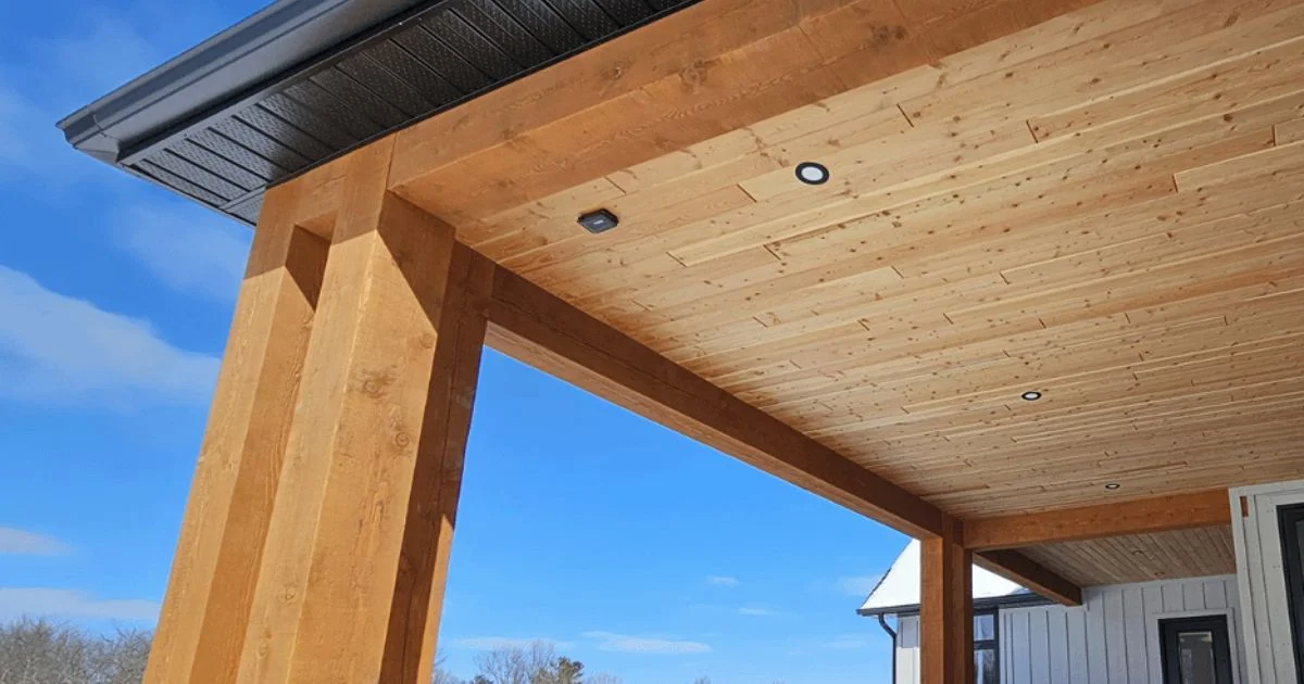 Timber frame porch ceiling with wood beams